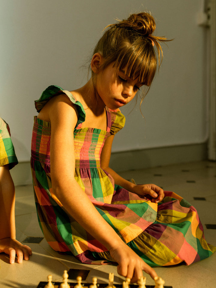 Barcelona Plaid Smocked Flutter Sleeve Dress