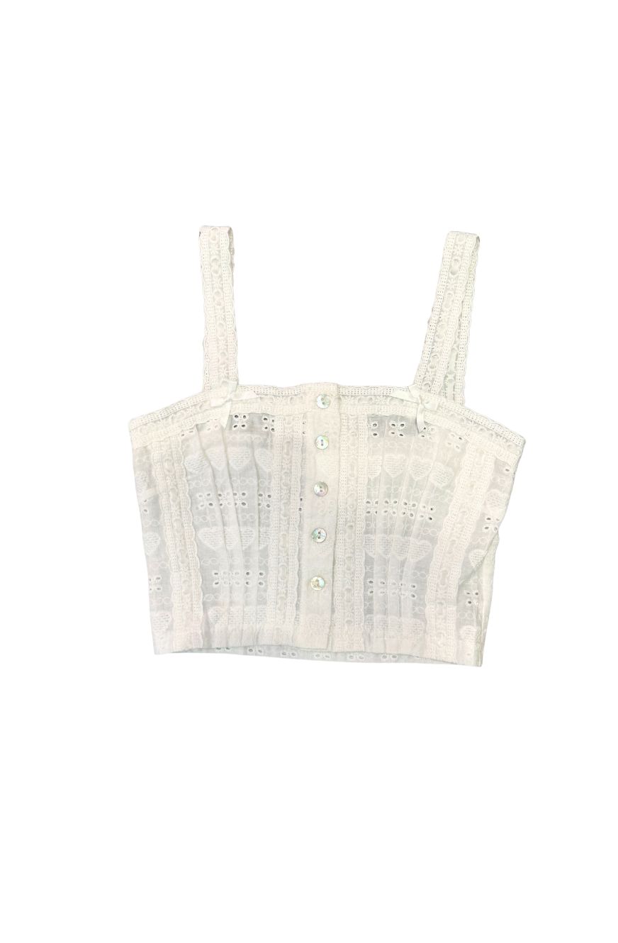 Skylar White Heart & Flower Eyelet With White Ribbon Tank Top