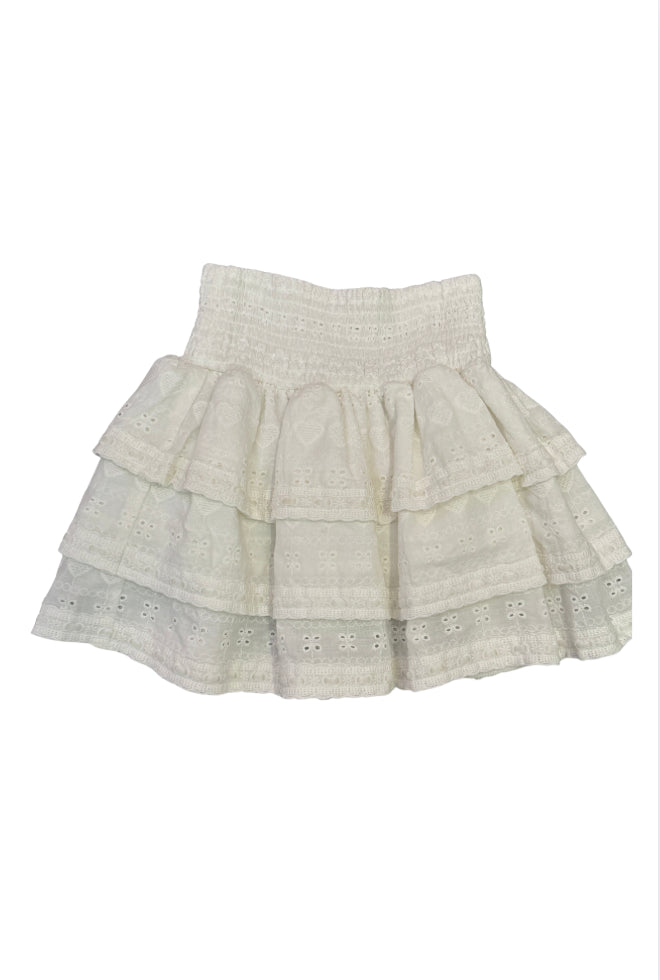 Gemma White Heart & Flower Eyelet With White Ribbon Smocked Ruffle Mini Skirt