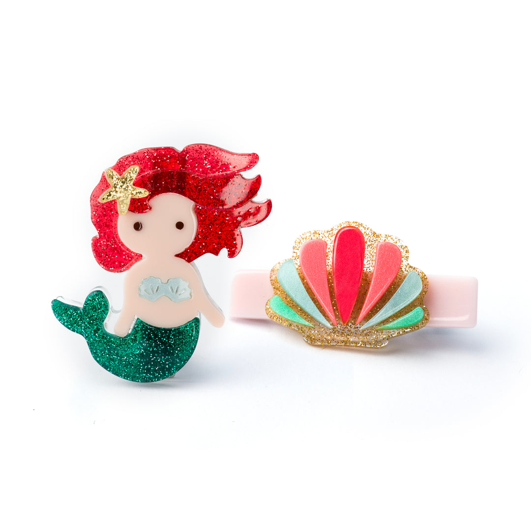 MERMAID UNDERWATER GLITTER RED SEASHELL HAIR CLIPS