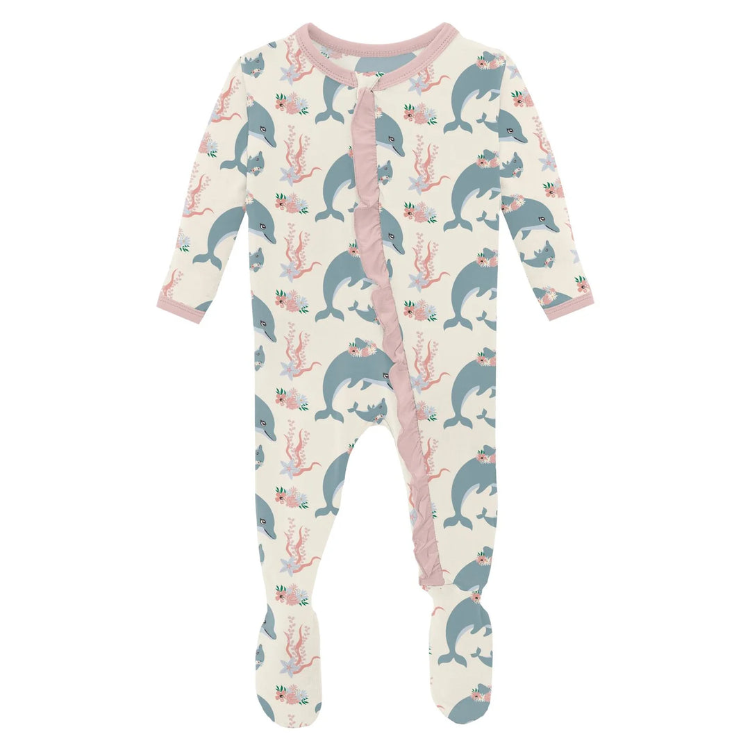 Natural Dolphins Ruffle Zipper Footie