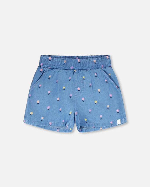 Chambray Shorts Blue Flower Print