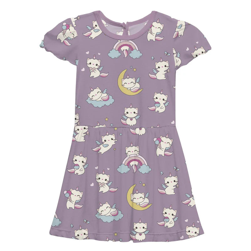 Lavender Caticorn Flutter Sleeve Twirl Dress with Pockets