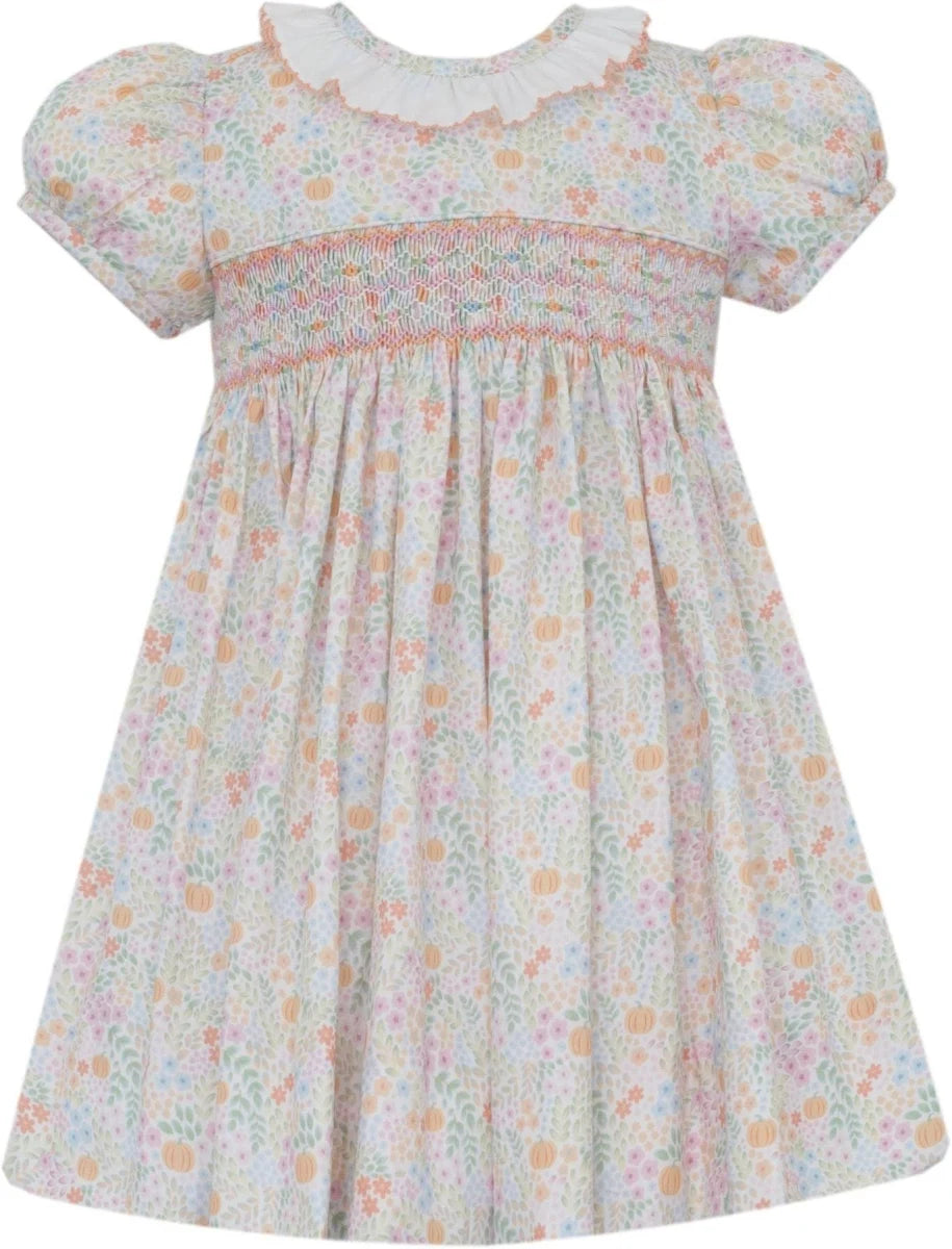 Ruffle Neck Hand Smocked Pumpkin Print Dress