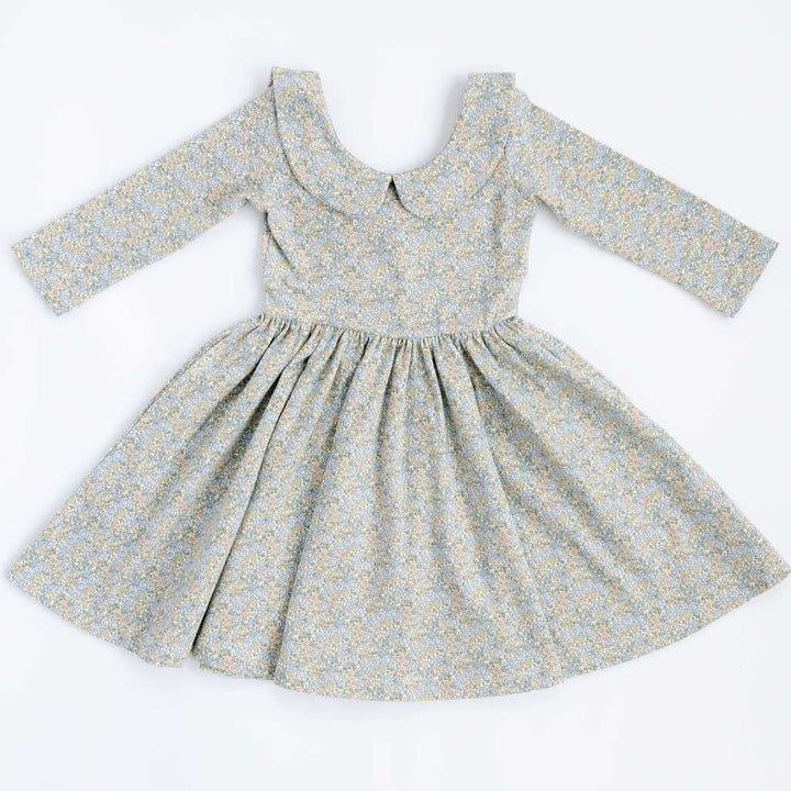 3/4 Sleeve Twirl Dress in Blue Watercolor Floral Collared