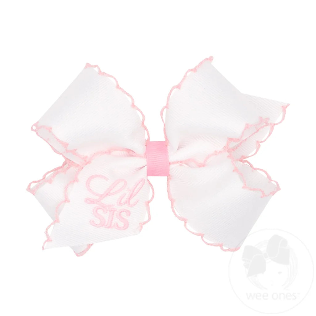 Grosgrain Hair Bow - Light Pink Lil Sis Embroidery