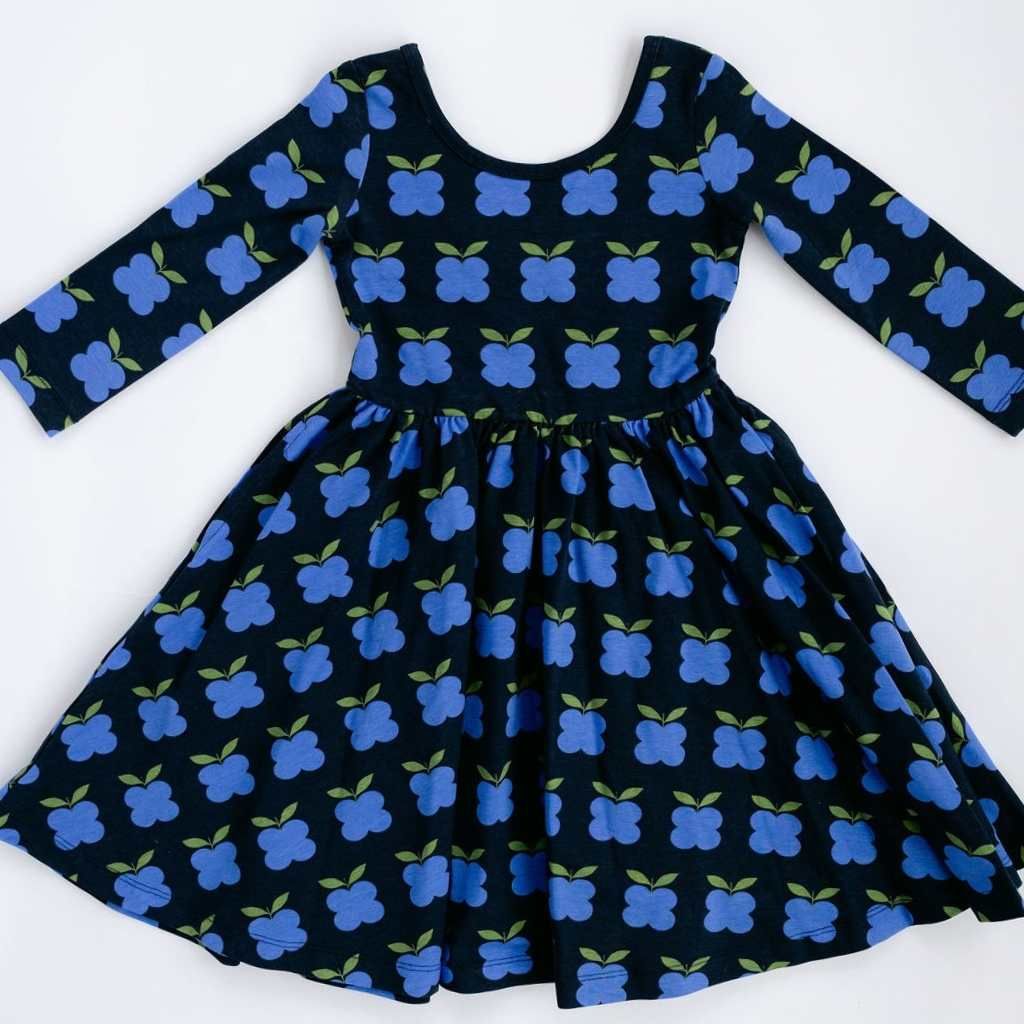 3/4 Sleeve Twirl Dress in Indigo Fruit
