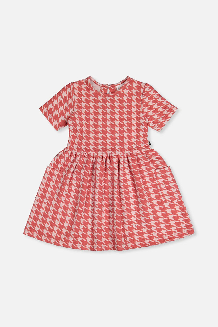 Short Sleeve Dress With Pockets - Pink Houndstooth