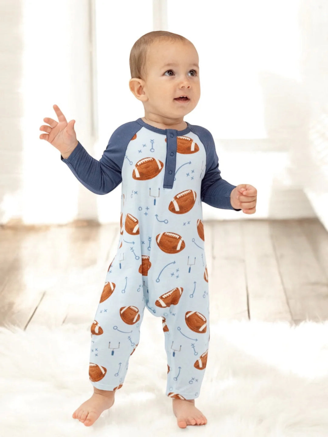 Footballs Blue Longsleeve raglan Romper