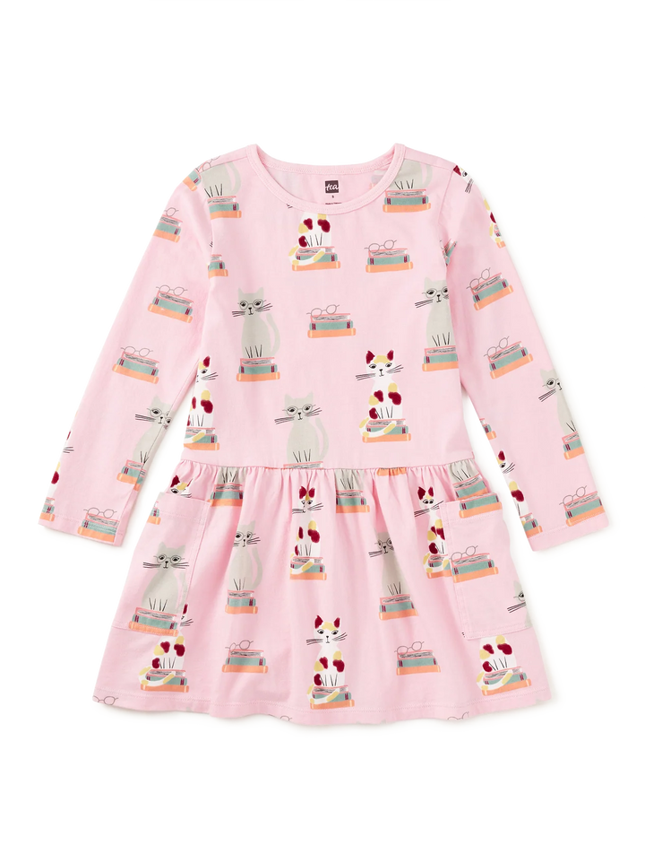 Long Sleeve Pocket Dress Bookshop Cat