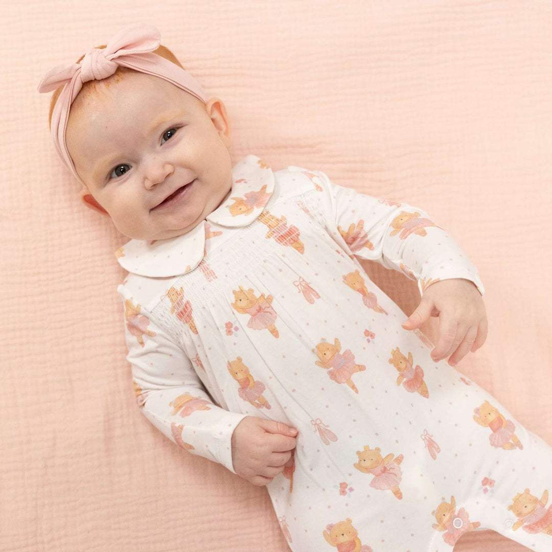 Teddy Bear Ballerina, Smocked Peter Pan Snap Footie