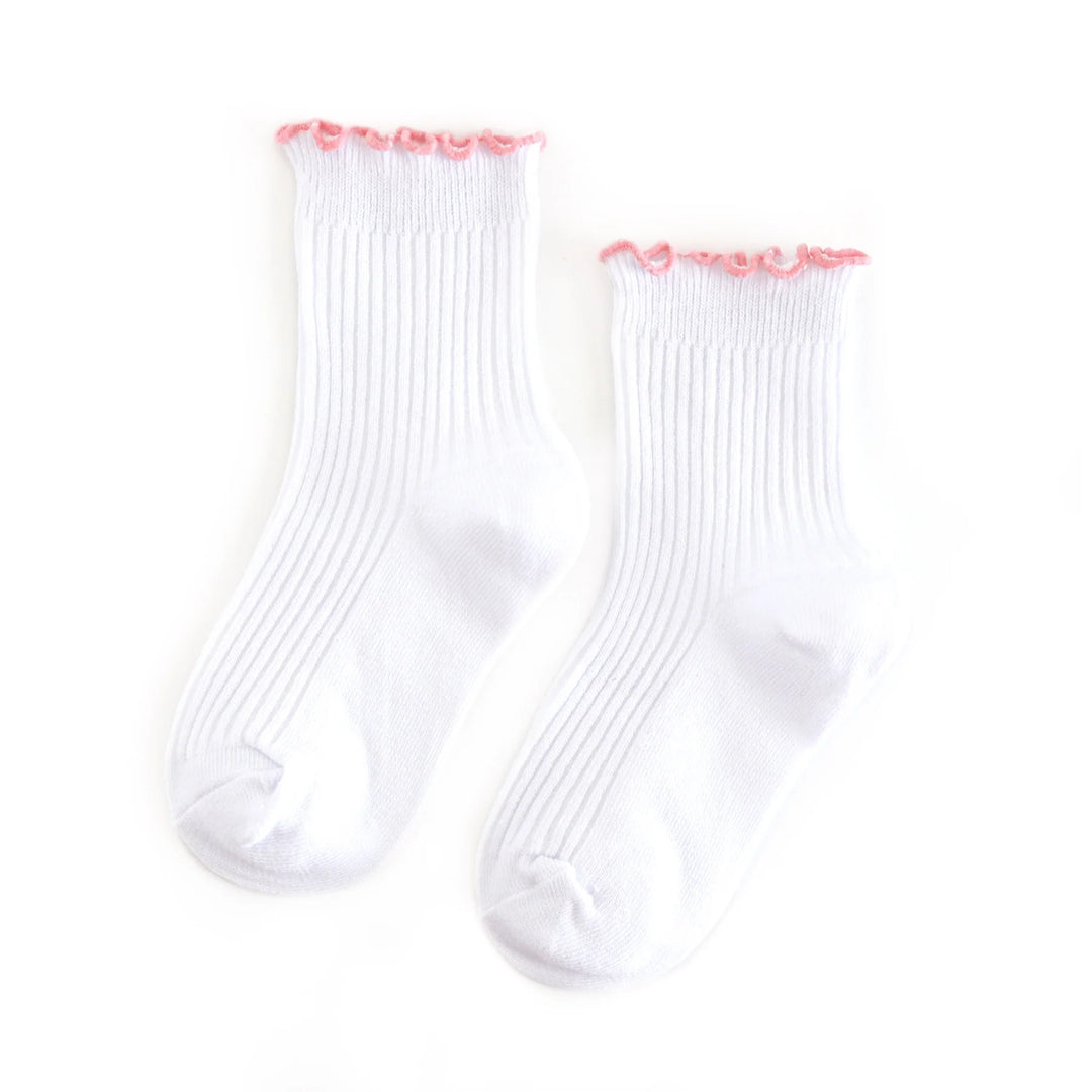 Ribbed Lettuce Trim Midi Socks - White/Blossom