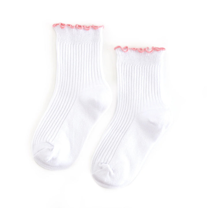 Ribbed Lettuce Trim Midi Socks - White/Blossom