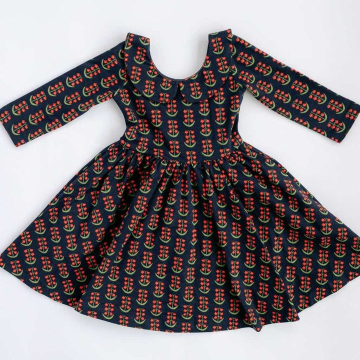 3/4 Sleeve Twirl Dress in Navy Floral Collared