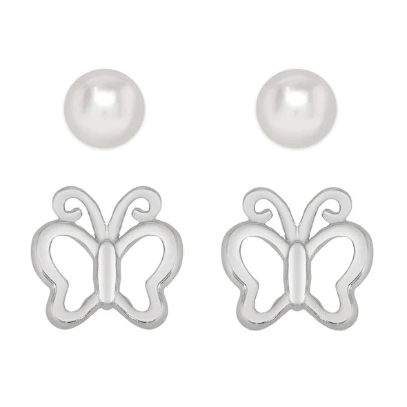 Butterfly & Freshwater Pearl Stud Set in Sterling Silver