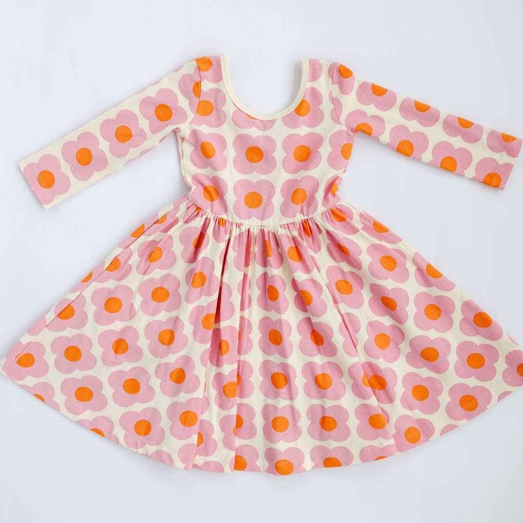 3/4 Sleeve Twirl Dress in Pink Flower Power