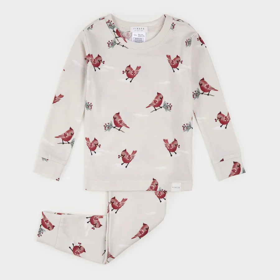 Cardinal Print on Crème Infant LunaKnit PJ Set