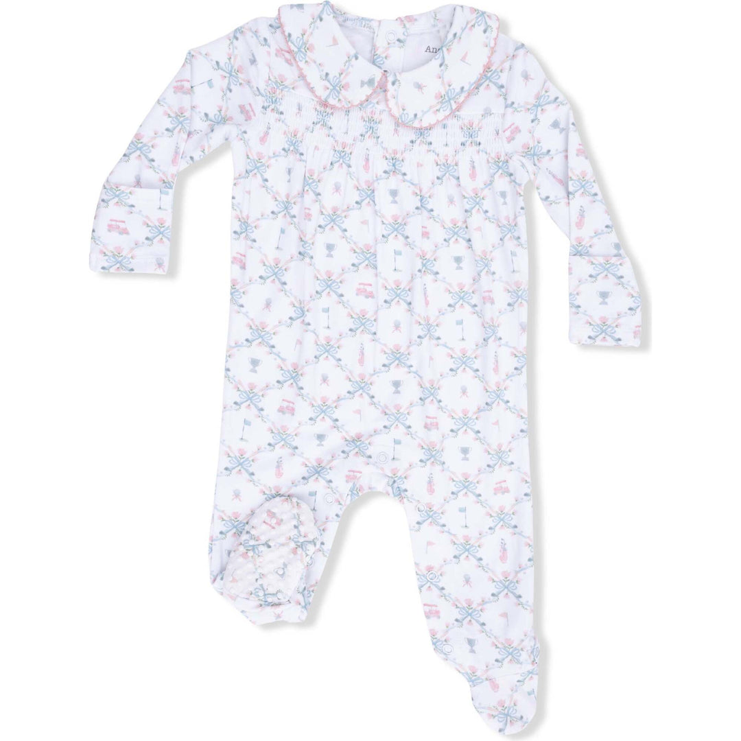 Smocked Peter Pan Snap Footie, Golf Trellis Pink