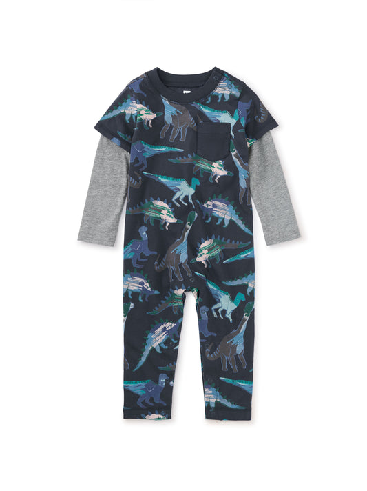Layered Sleeve Baby Romper / Watercolor Dinosaurs