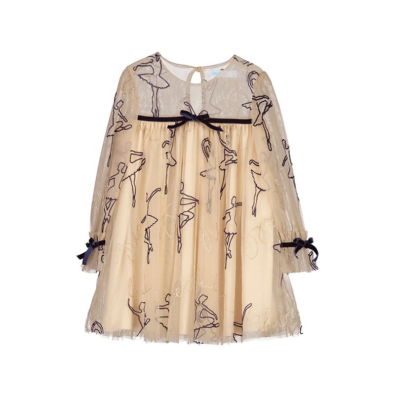 Girls Tulle Dress with Flocked Ballerinas