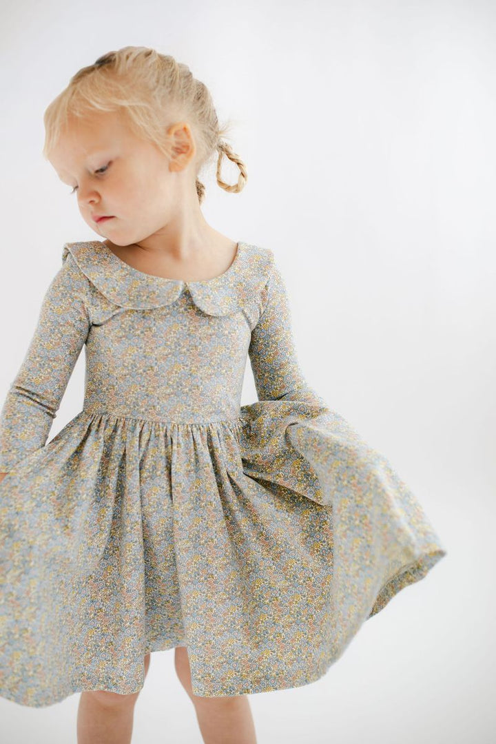 3/4 Sleeve Twirl Dress in Blue Watercolor Floral Collared