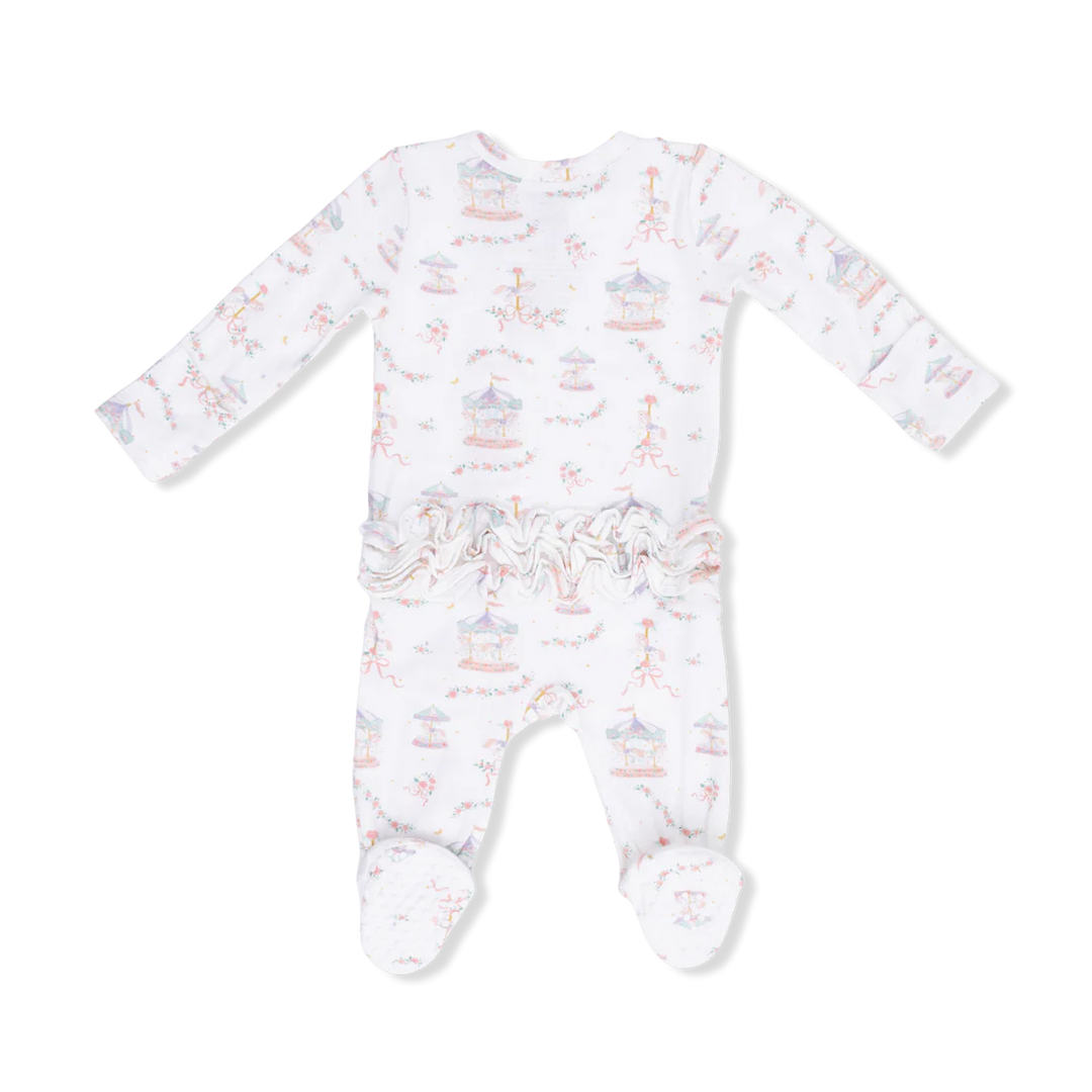 Carousel with Bows 2 Way Ruffle Back Zipper Footie