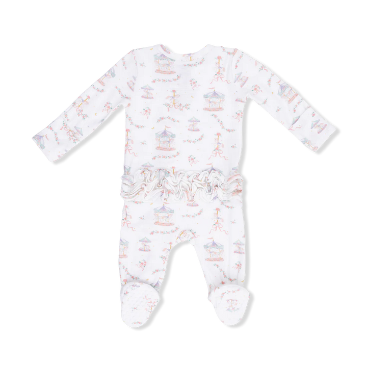 Carousel with Bows 2 Way Ruffle Back Zipper Footie
