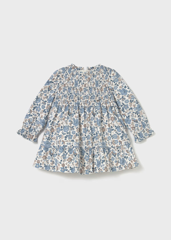 Smocked Floral Printed Velvet Dress