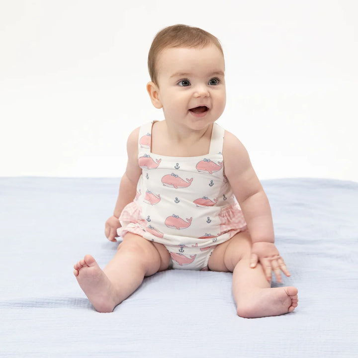 Ruffle Sunsuit, Bubbly Whale with Bow Pink