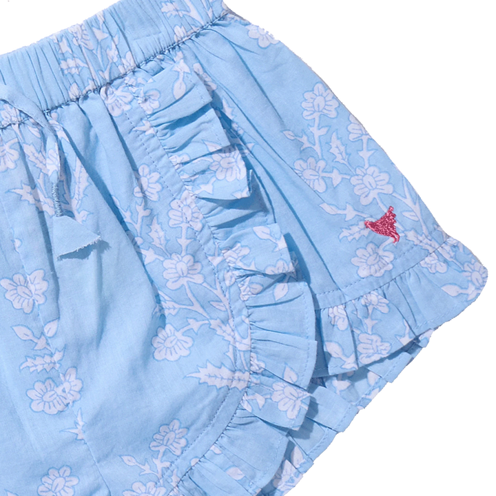 Blue Dewdrop Block Print Millie Ruffle Short