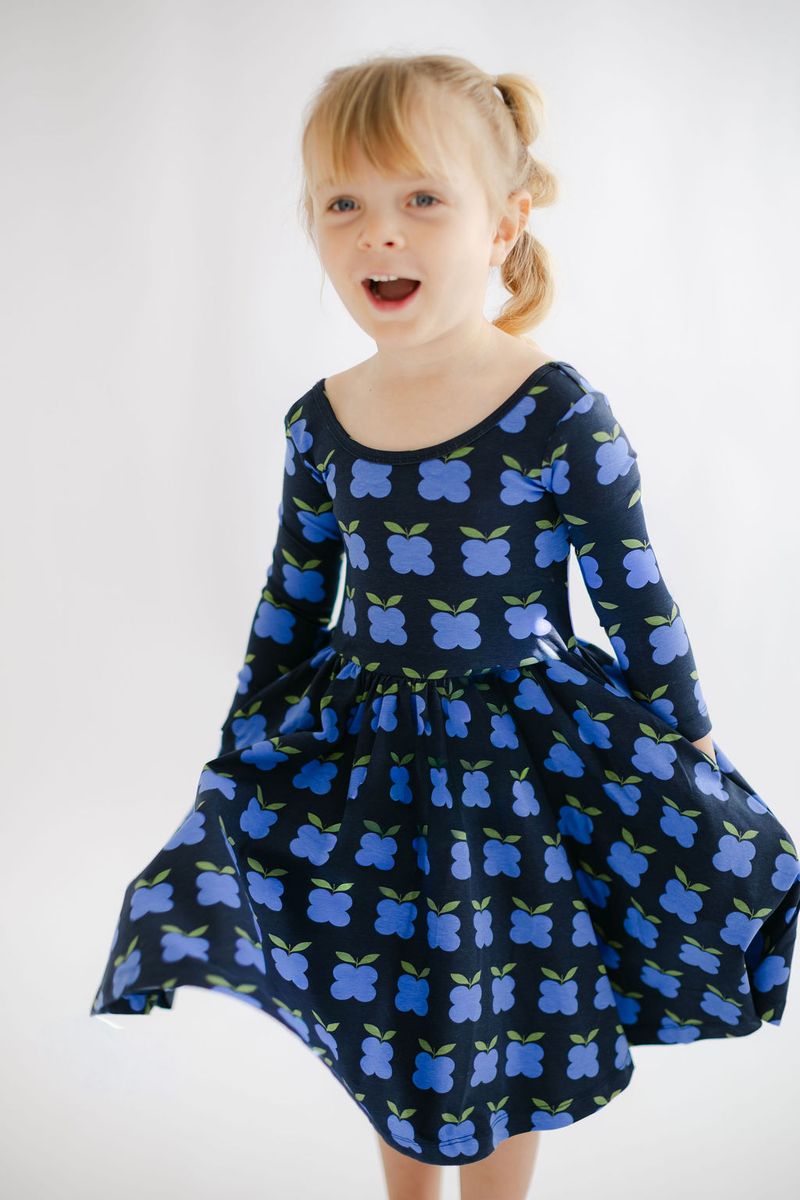 3/4 Sleeve Twirl Dress in Indigo Fruit