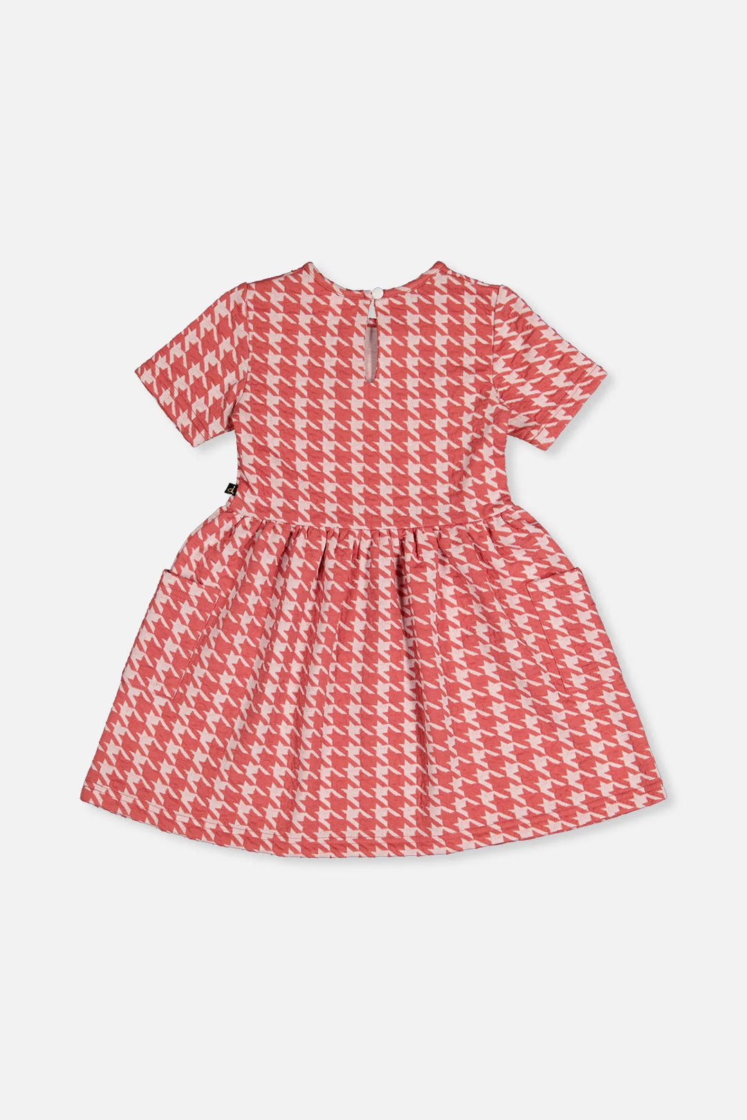 Short Sleeve Dress With Pockets - Pink Houndstooth