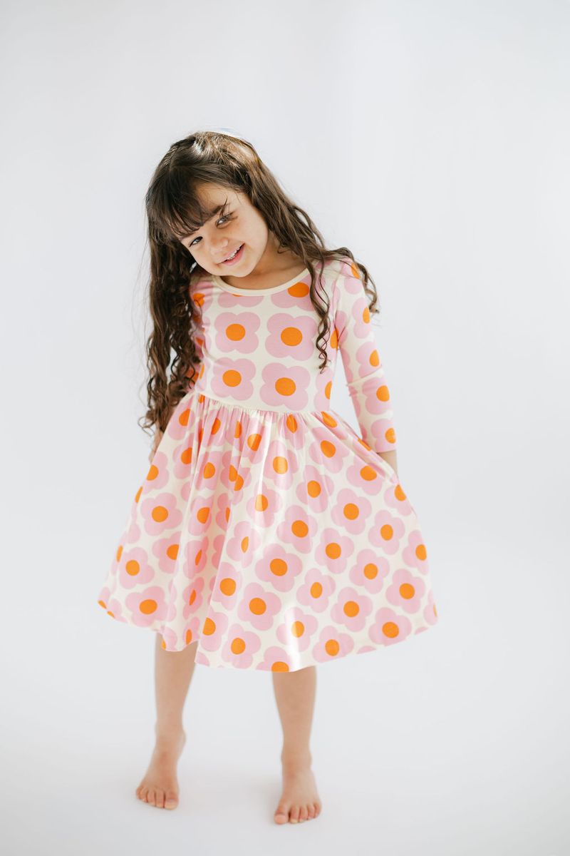 3/4 Sleeve Twirl Dress in Pink Flower Power