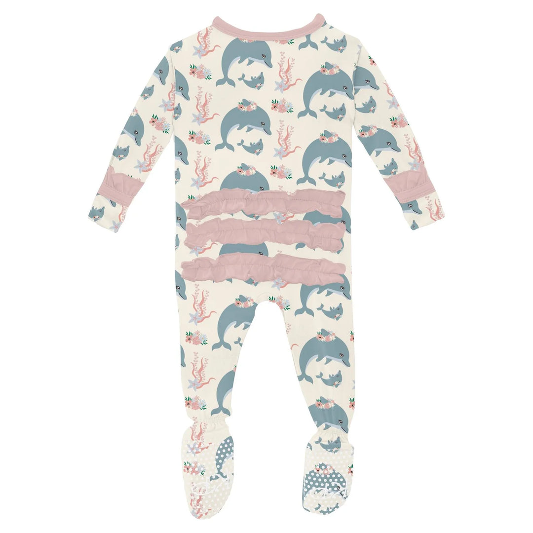 Natural Dolphins Ruffle Zipper Footie