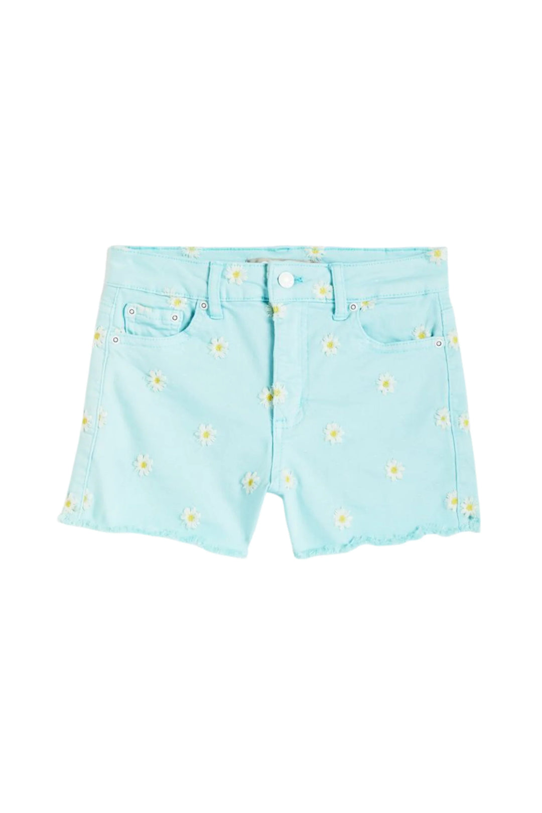 HIGH RISE DAISY EMBROIDERY COLOR FRAY HEM SHORTS