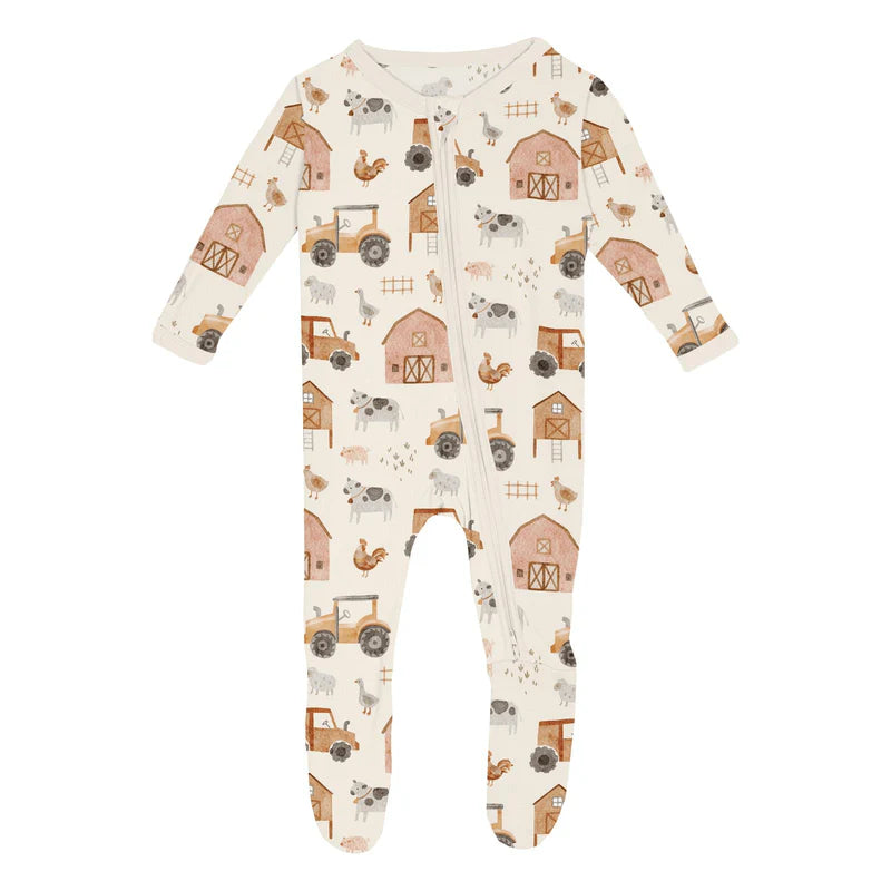 Natural Farm Life Printed Bamboo Zipper Footie