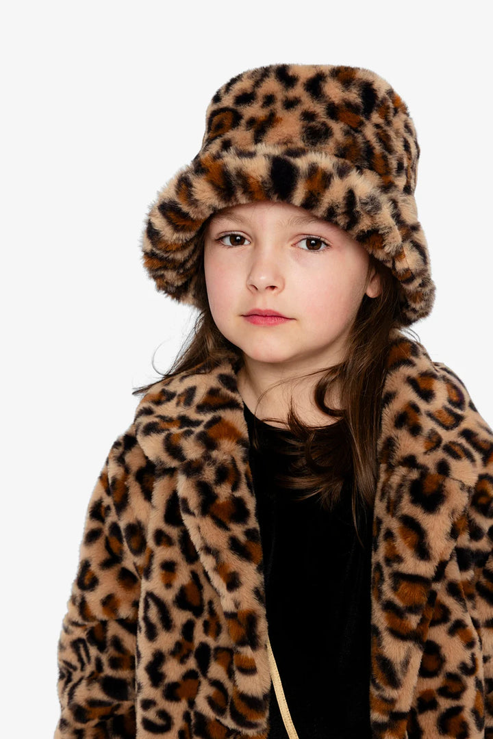 Faux Fur Bucket Hat Brown Leopard Print