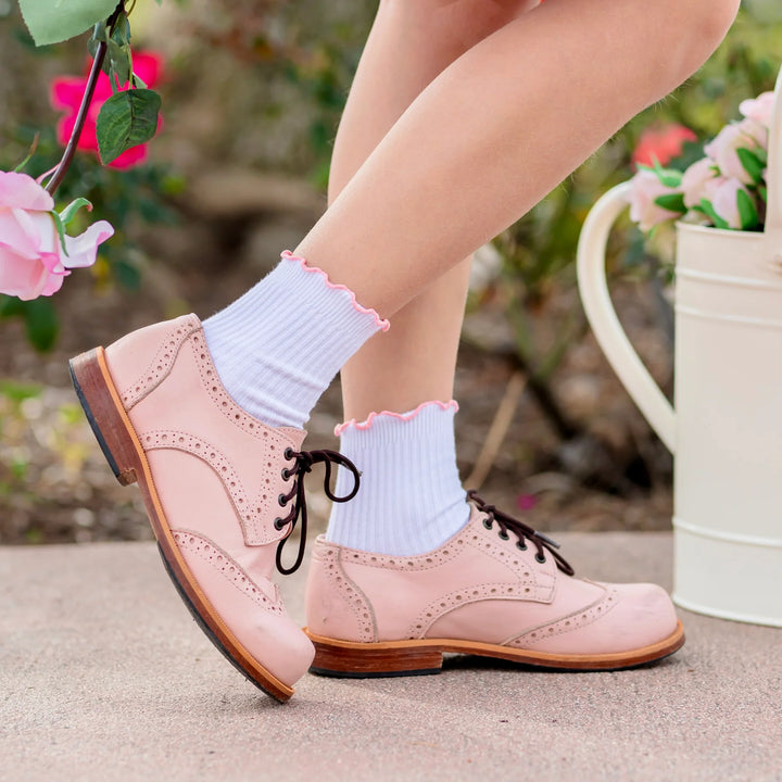 Ribbed Lettuce Trim Midi Socks - White/Blossom