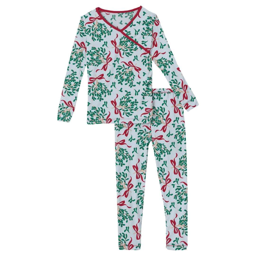 Kimono Pajama Set Blue Mistletoe & Ribbon