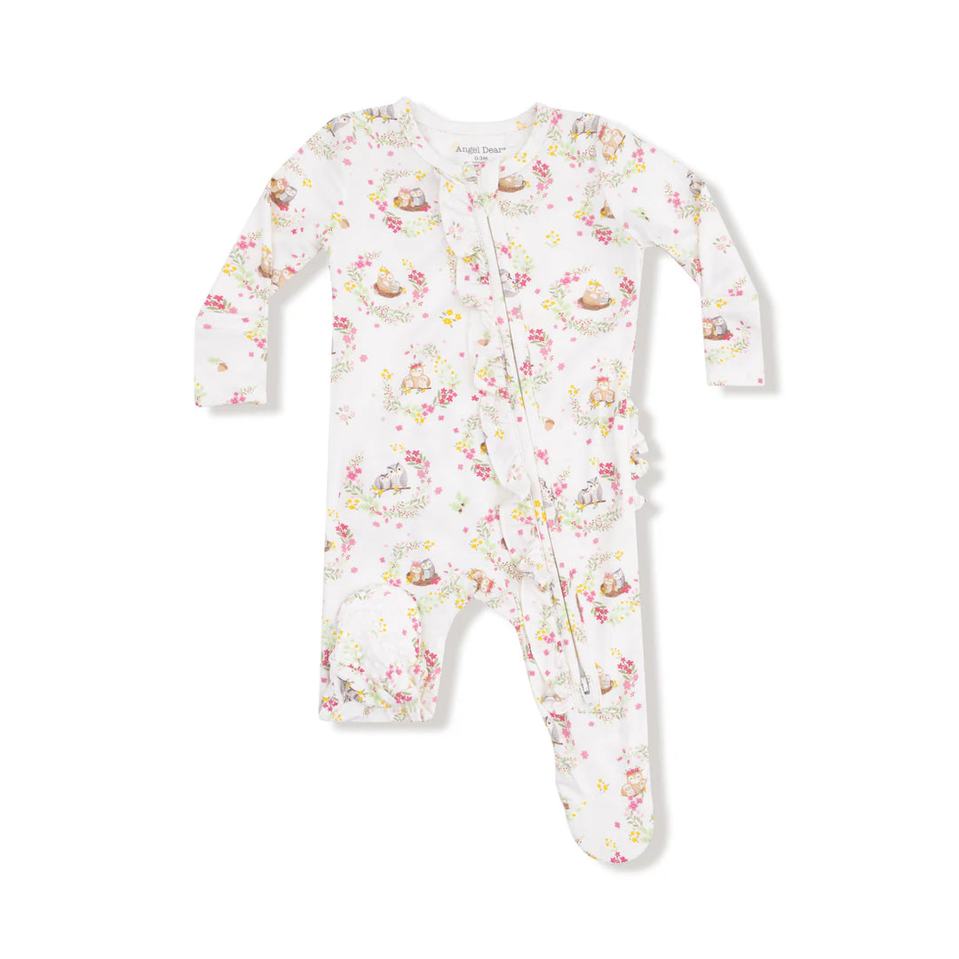 Floral Owls Families Ruffle Zipper Footie