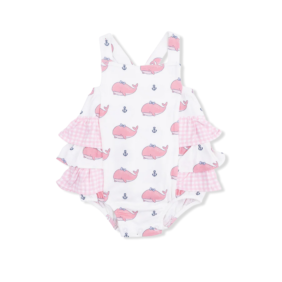 Ruffle Sunsuit, Bubbly Whale with Bow Pink