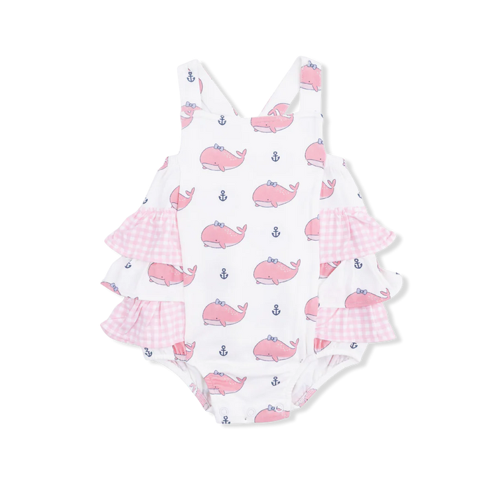 Ruffle Sunsuit, Bubbly Whale with Bow Pink