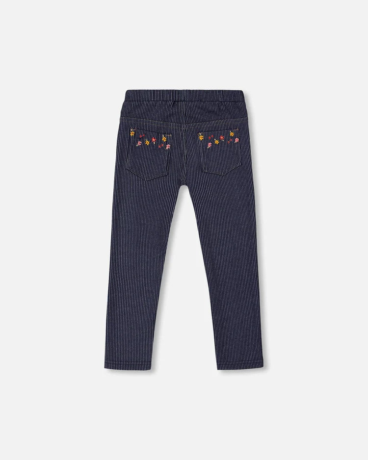 Fluid Ribbed Fabric Treggings With Embroidery In Dark Blue