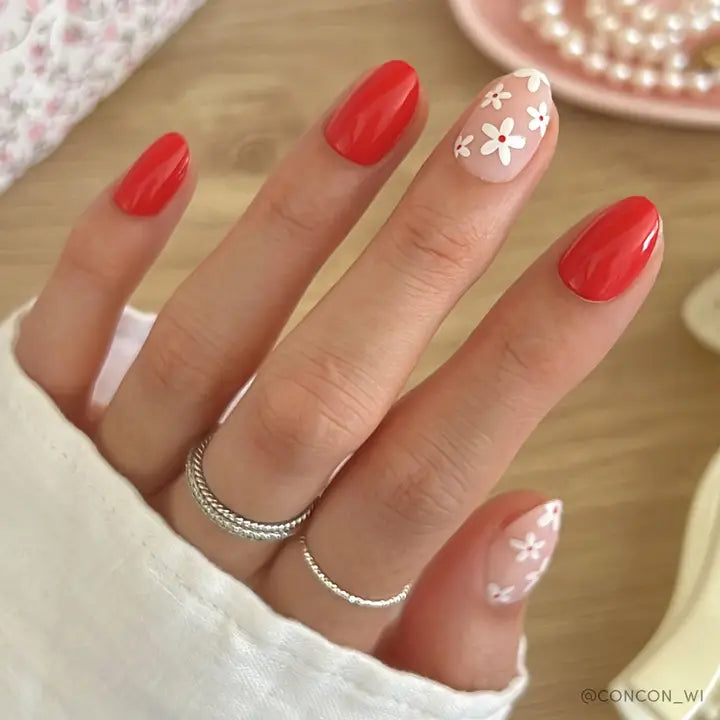 Red Blossom Press-On Nails | Short Oval | Red Floral Love