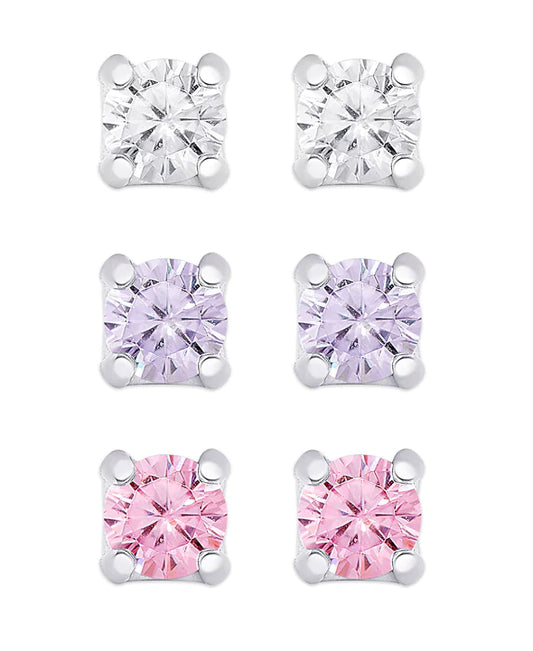 CZ Studs Set in Sterling Silver (White, Lavender, Pink)