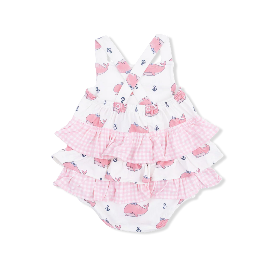 Ruffle Sunsuit, Bubbly Whale with Bow Pink