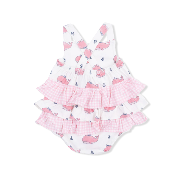 Ruffle Sunsuit, Bubbly Whale with Bow Pink