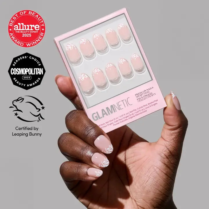 Love Preserved Press-On Nails | Short Oval White Leaf Motifs