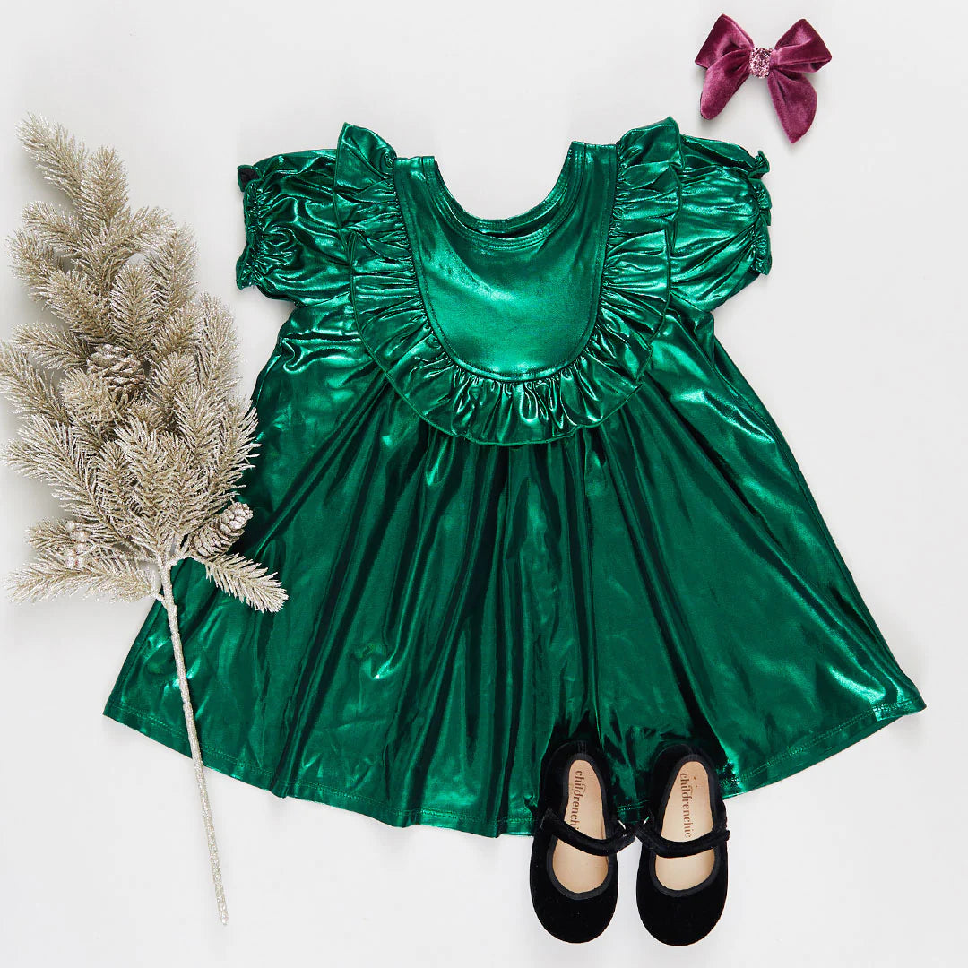 Girls Lame Brayden Ruffle Dress - Tinsel Green