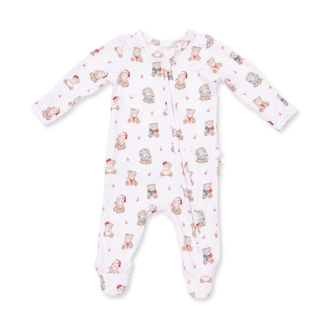 Christmas Teddy Bears Pink - 2 Way Ruffle Back Zipper Footie